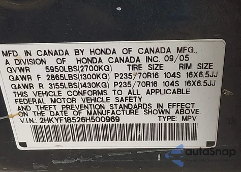 2006 Honda Pilot Ex-L from USA, damaged, VIN 2HKYF18526H500969